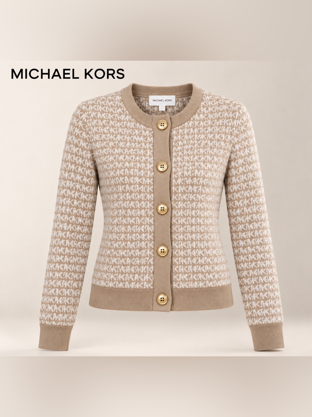 NWT Michael Kors Beige and White Logo Knit Cardigan